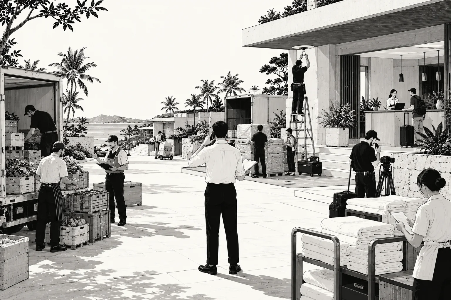 Delivery trucks, suppliers and staff at a busy resort service entrance.